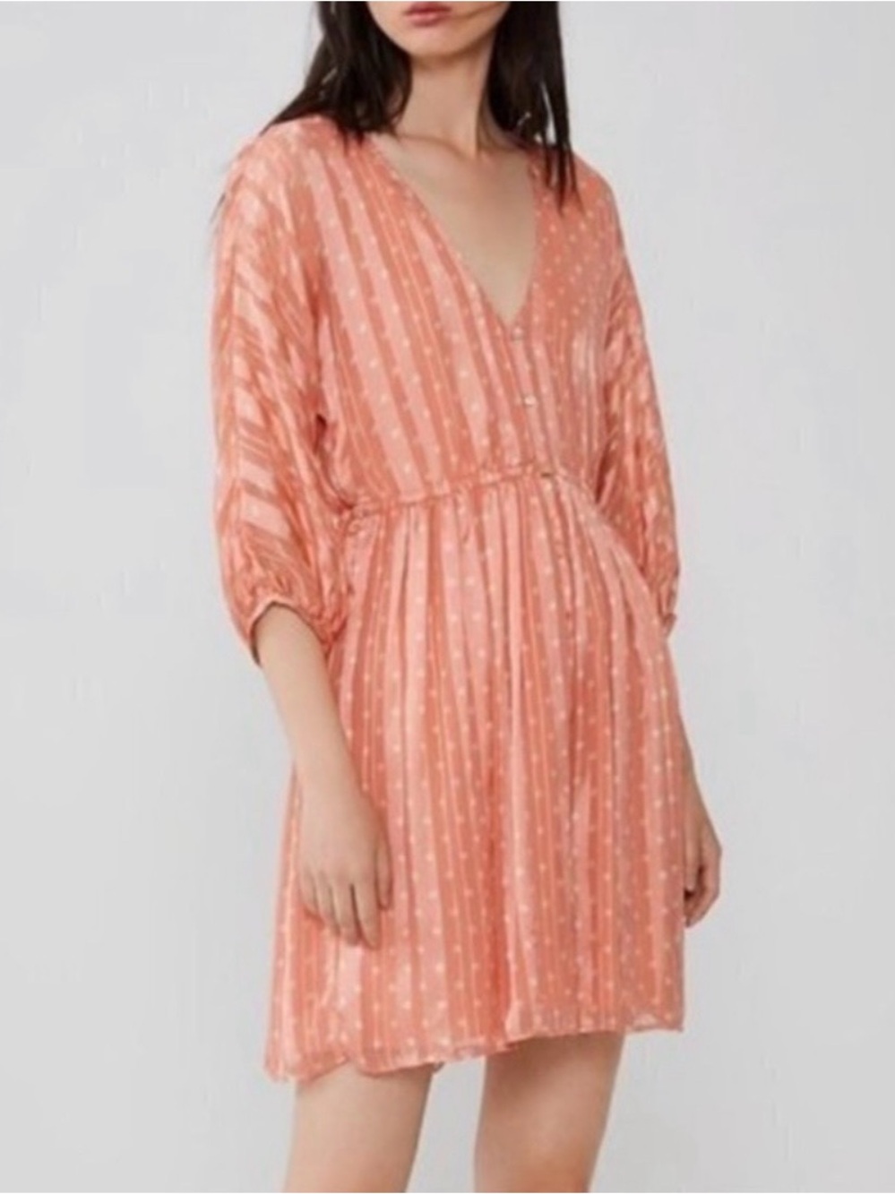Zara Peach Polka-Striped V-Neck Mini Dress with buttons